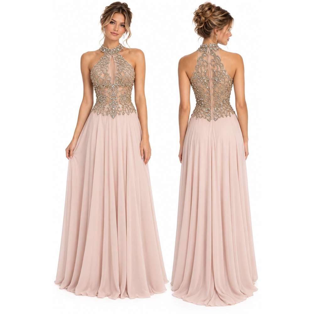 JVN Jovani Dress Baby Pink Beaded Halter Neck Prom Gown Formal Women Size 0